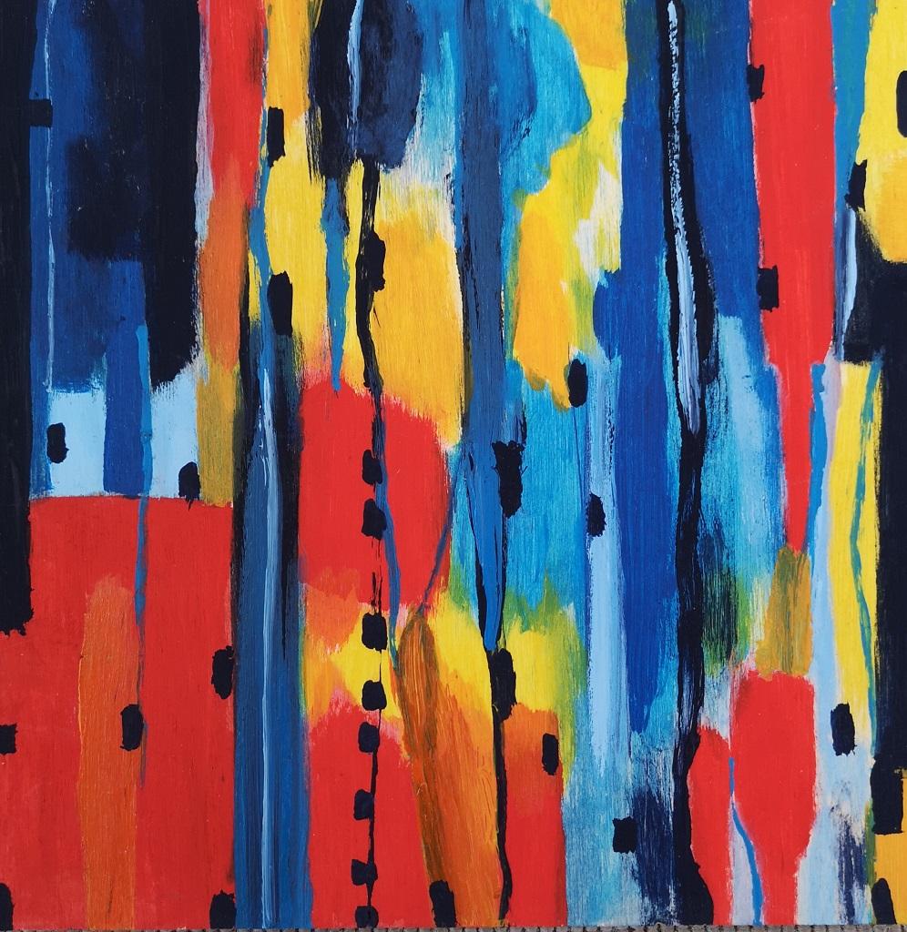 Dreifarbige Komposition – Acryl auf Täfelung von M. Goeyens – 21. Jahrhundert