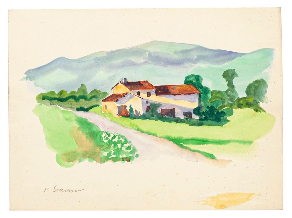 Countryside is an original artwork, realized by Pierre Segogne in the 1950s.

Hand-signed on the lower left margin: P. Segogne.

Mixed colored watercolor on paper.

This beautiful artwork represents a very peaceful countryside landscape, with a