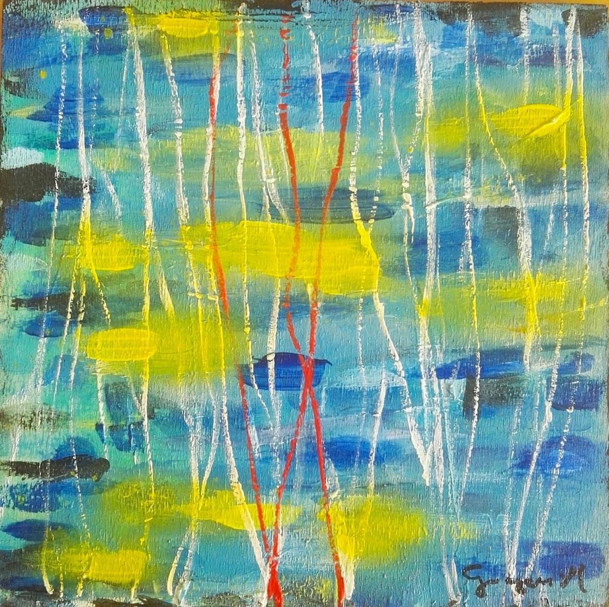 Martine Goeyens Abstract Painting - Lights - Oil on Table by M. Goeyens - 2000s