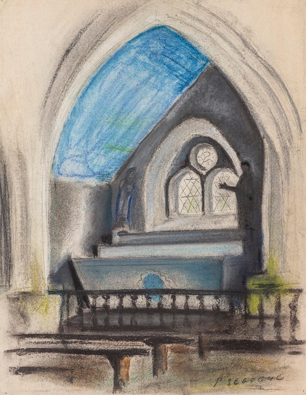 Interior de una capilla es una obra de arte contemporánea original realizada por el artista francés Pierre Segogne en la segunda mitad del siglo XX. 

Original en pastel coloreado sobre papel.

Firmado a mano por el artista en la esquina inferior