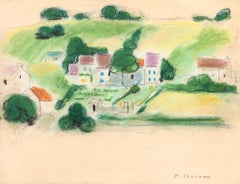 Pastel original sur papier « Countryside with Farmhouses » de Pierre Segogne - années 1950