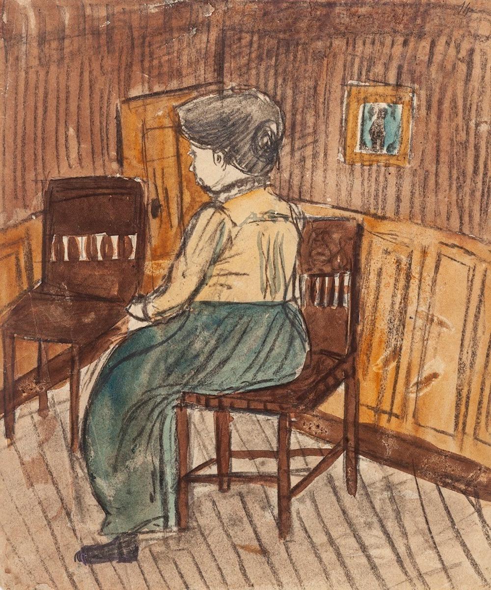 Unknown Figurative Art - Interior with Figure - Pastel and Watercolor Drawing - Early 20th Century