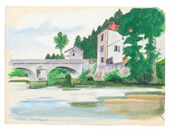 helene de segogne French Landscape - Original Tempera and Watercolor by Pierre Segogne - 1950s