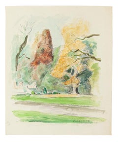 Paysage de campagne avec fermes - Pastel et aquarelle de P. Segogne - 1930