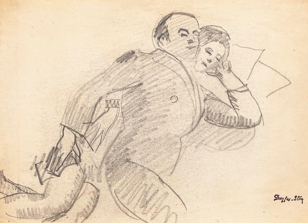 Jean Dreyfus-Stern Interior Art - Sleeping Couple - Pencil  Drawing by J. Dreyfus-Stern - Early 20th Century