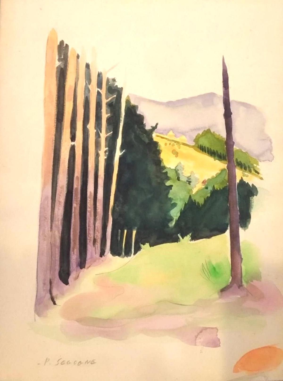 Into the French Woods - Original Watercolor on Paper by Pierre Segogne - 1930s