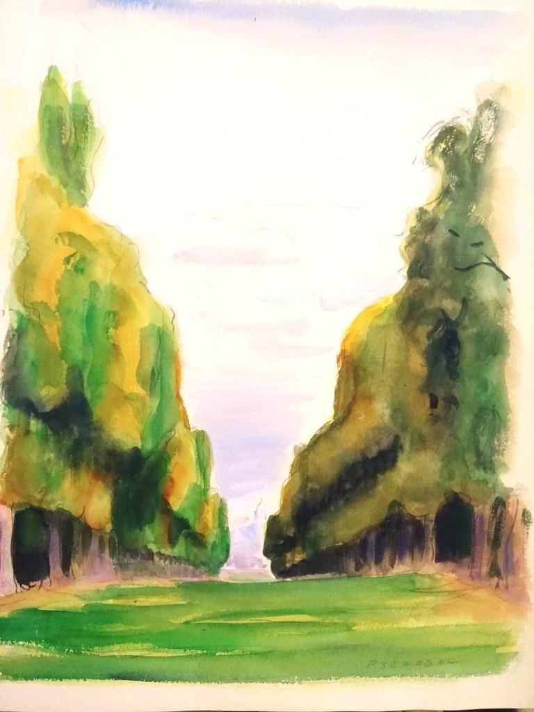 The Tree-Lined Avenue is an original modern artwork realized in the 1930s by the French artist Pierre Segogne (1890-1958).

Original mixed colored watercolor and tempera on paper.

Hand-signed by the artist in pencil on the lower right margin: P.