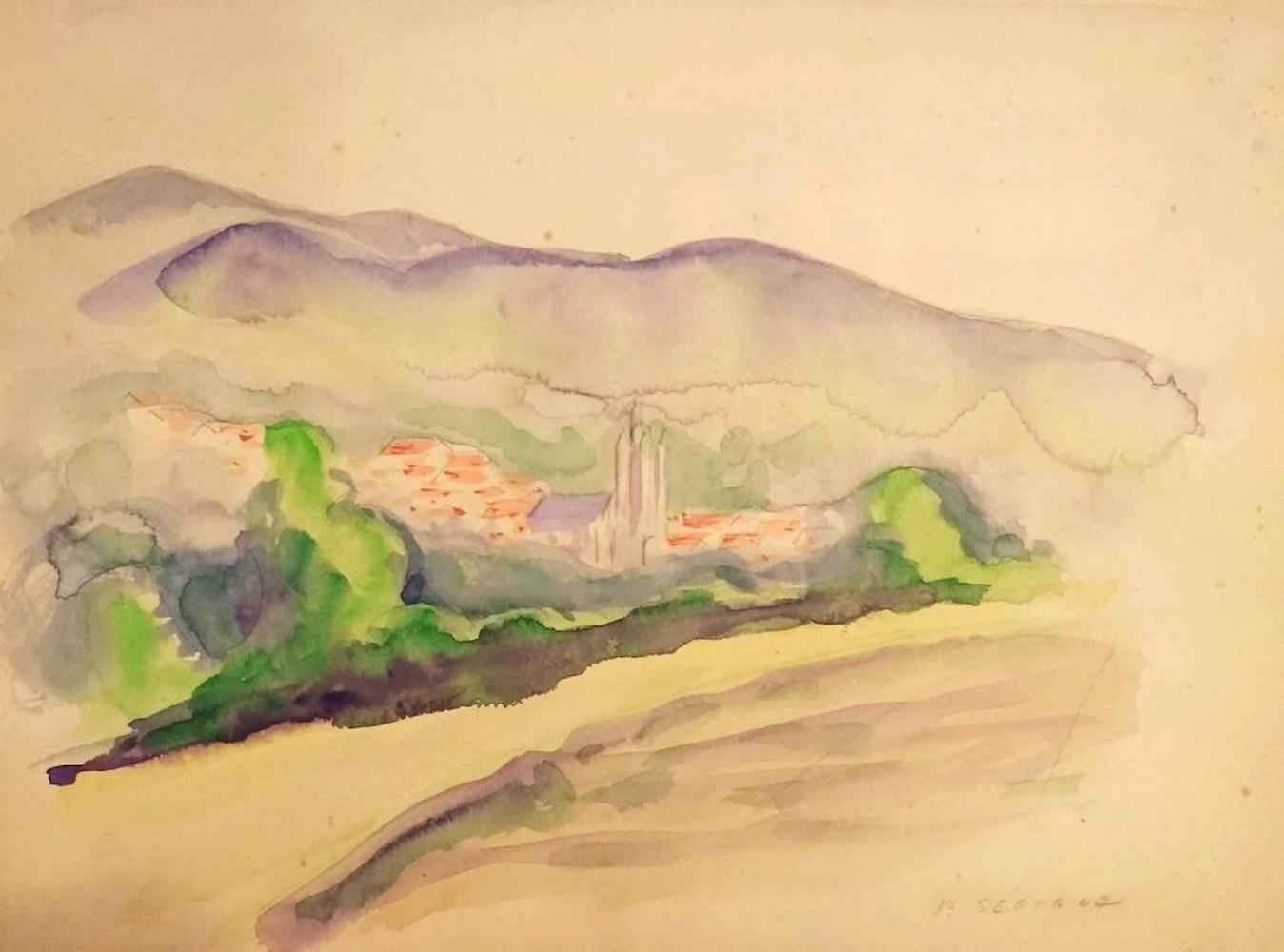 Berglandschaft im Norden Frankreichs ist ein originelles modernes Kunstwerk, das in den 1930er Jahren von dem französischen Künstler Pierre Segogne (1890-1958) geschaffen wurde.

Farbiges Original-Aquarell auf Papier.

Handsigniert vom Künstler in