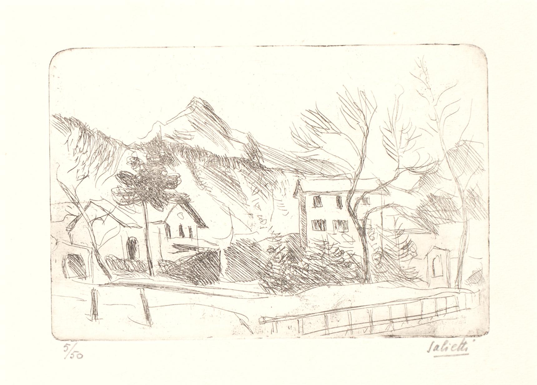 Image dimensions: 11x17 cm.

Landscape is an original etching realized by Alberto Salietti, an italian artist of the 20th century.

The state of preservation is very good, except for a small stain on the back, upper right corner. Hand-signed