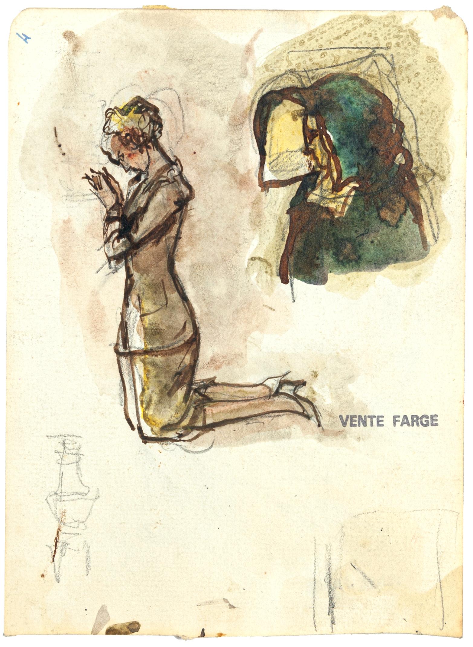 Unknown Figurative Art - Study of Figures - Original Pencil and Watercolor on Paper - Mid 20th Century