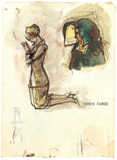 Study of Figures - Original Pencil and Watercolor on Paper - Mid 20th Century