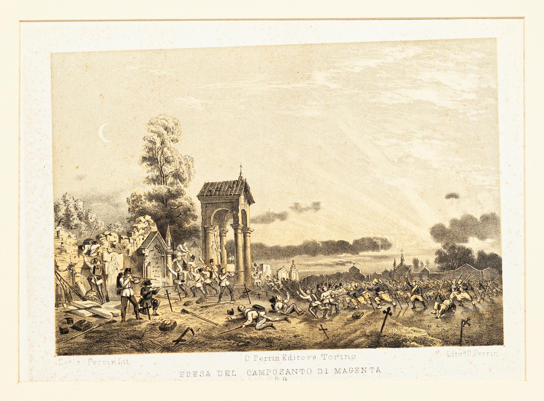 Dimensiones de la imagen: 15,5x22,5 cm.

La Defensa del Cementerio de Magenta es una bella obra de arte realizada por Carlo Perrin en 1860.

Litografía coloreada a mano, publicada en Turín por Carlo Perrin.

El estado de conservación es muy bueno.