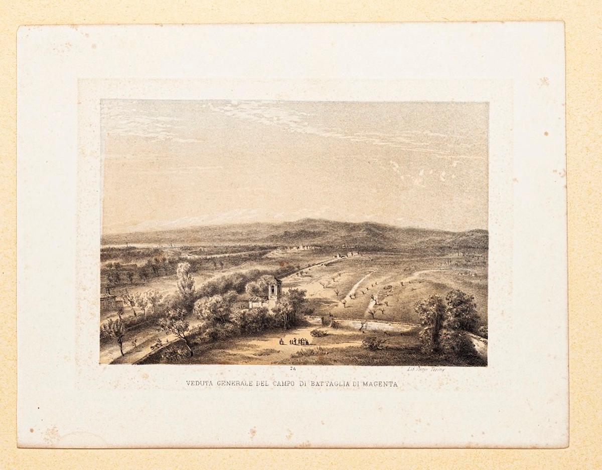 Dimensioni dell'immagine: 15,5x22,5 cm.

Veduta del campo generale di Magenta è una bellissima opera d'arte realizzata da Carlo Perrin.

litografia colorata a mano, pubblicata a Torino da Carlo Perrin.

Lo stato di conservazione è buono con qualche