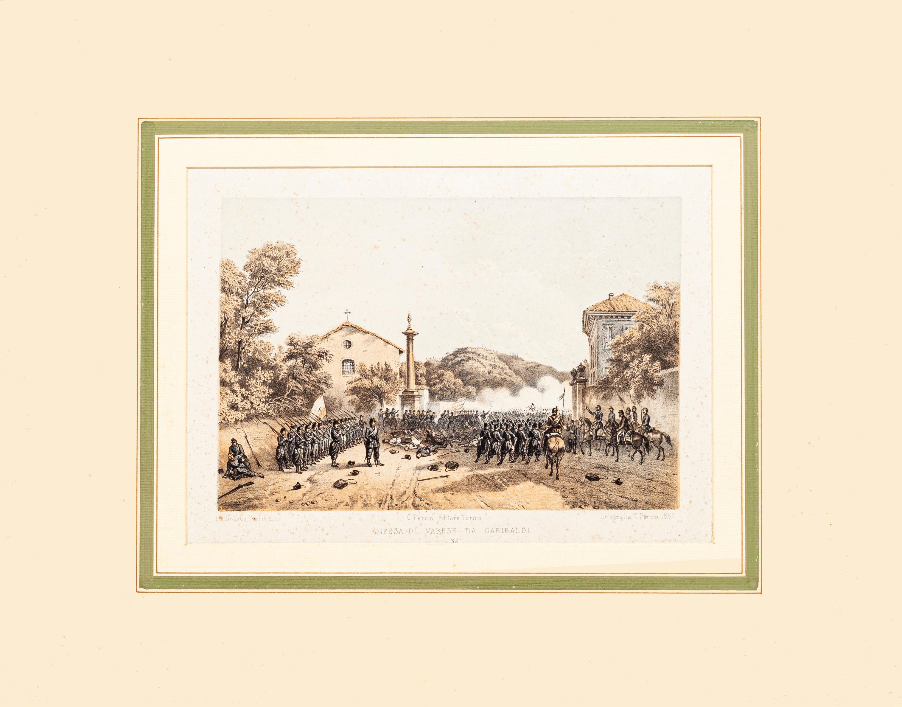 Defensa de Varese por Garibaldi - Litografía de Carlo Perrin - 1860 en venta 1