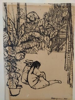 Vintage Couple of Figures in the Nature - China Ink Drawing by Renzo Vespignani - 1949