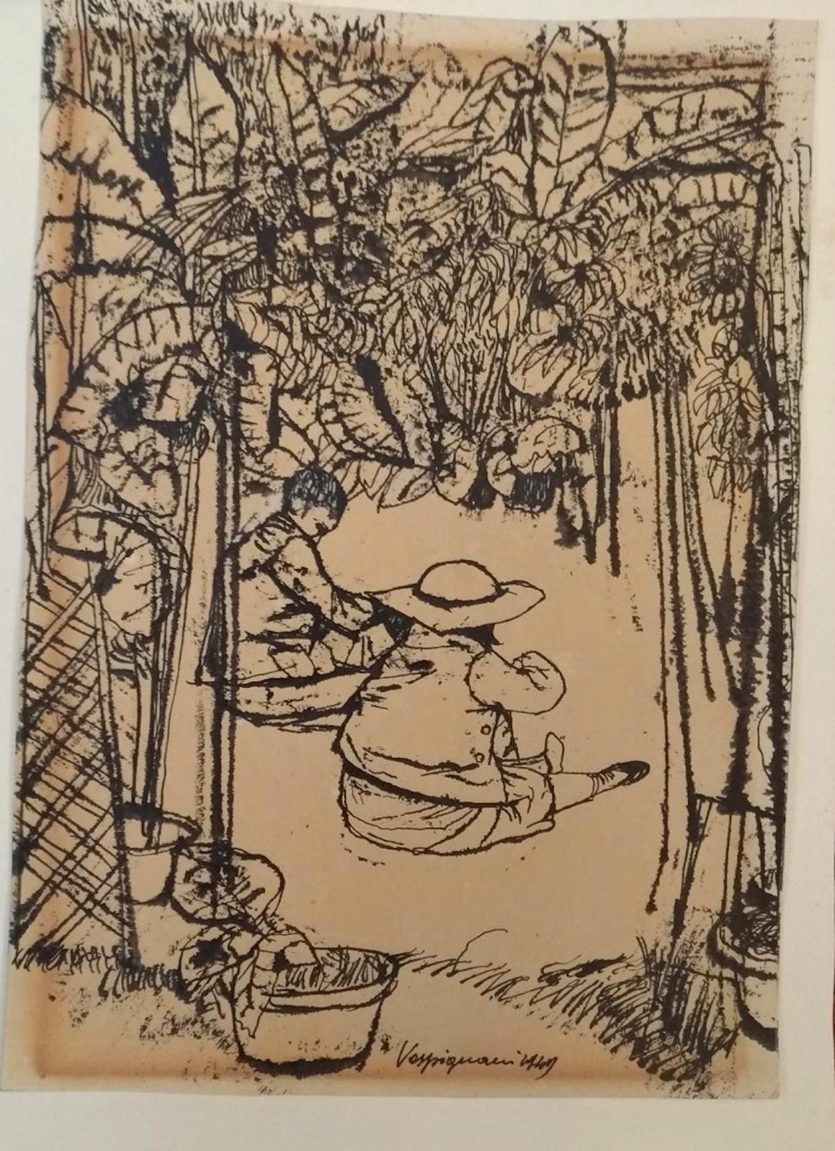 Children in the Garden - China Ink Drawing by Renzo Vespignani - 1949
