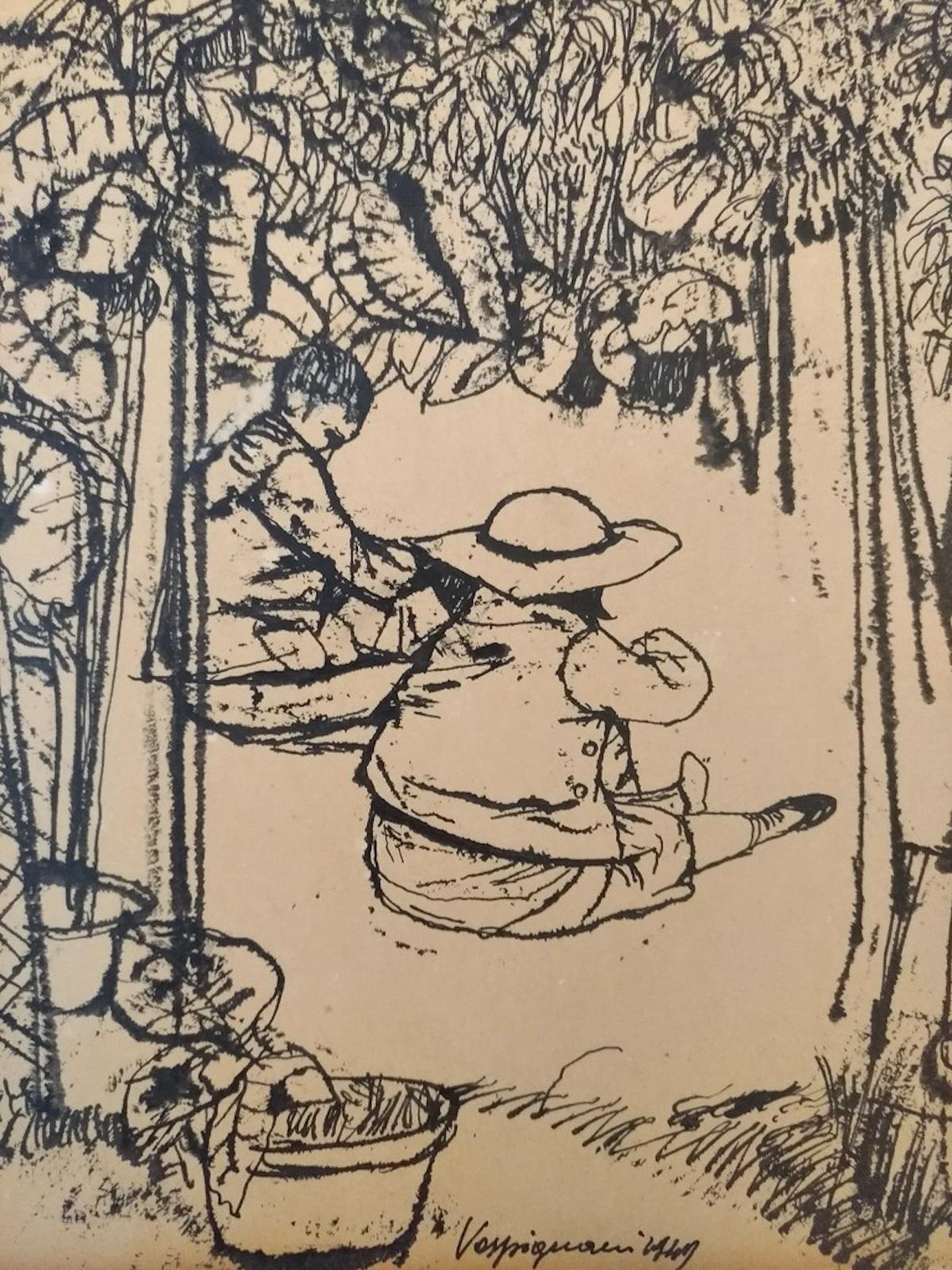 Children in the Garden is an original Modern Artwork realized in 1949 by the Italian artist Renzo Vespignani (Rome, 1924 - Rome, 2001). 

Original China Ink and black pencil on ivory paper. 

Hand-signed and dated by the artist on the lower right