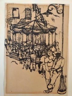 Il carosello - Disegno a inchiostro di china di Renzo Vespignani - 1949