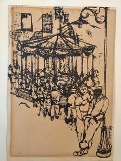 Vintage The Carousel - China Ink Drawing by Renzo Vespignani - 1949