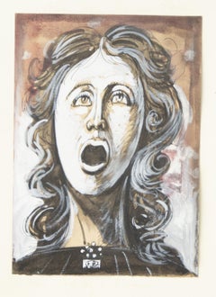 Screaming Woman - Original Tempera, Ink and Watercolor by E. Berman - 1960s
