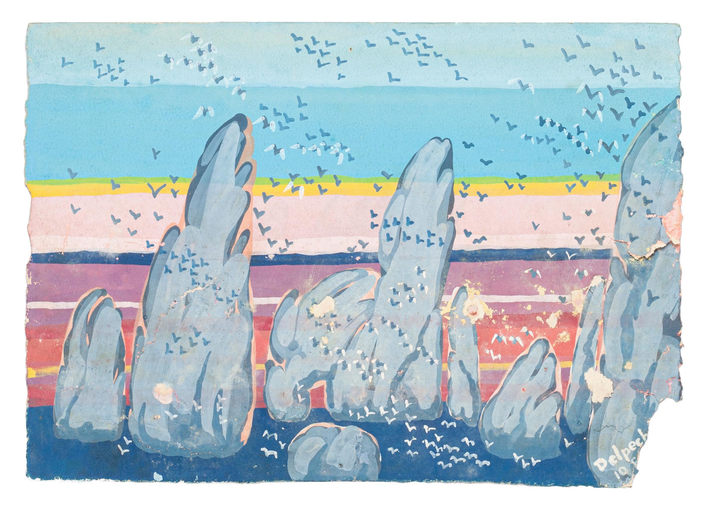 Jean Delpech Figurative Art – Seagulls – Aquarell auf Papier von J.-R. Delpech – Mitte des 20. Jahrhunderts