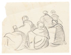 Study of Figures - Original Charcoal Drawing by Hélène Vogt - 1970s