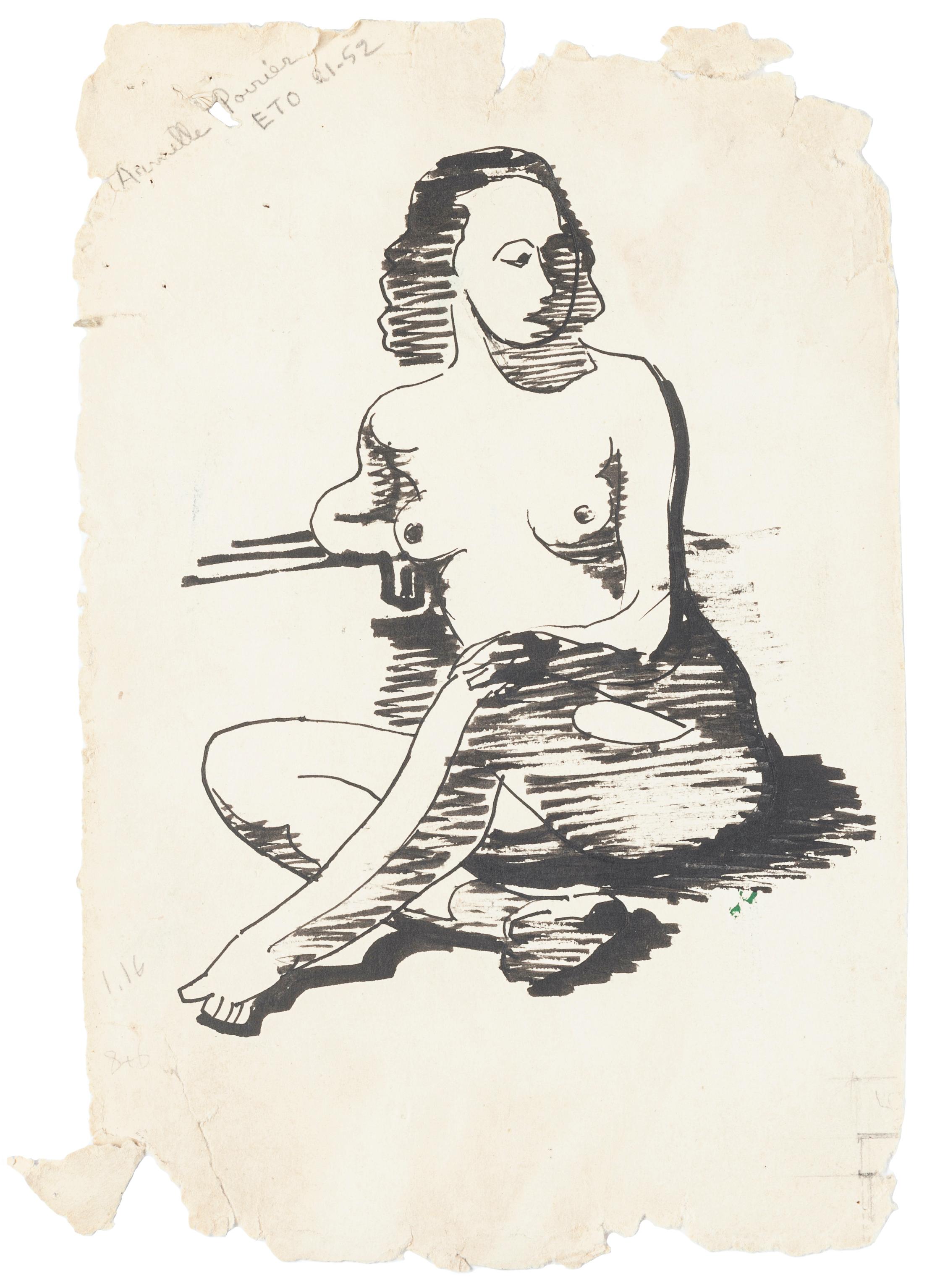 Unknown Figurative Art - Nude Woman - Original China Ink Drawing - Mid 20th Century