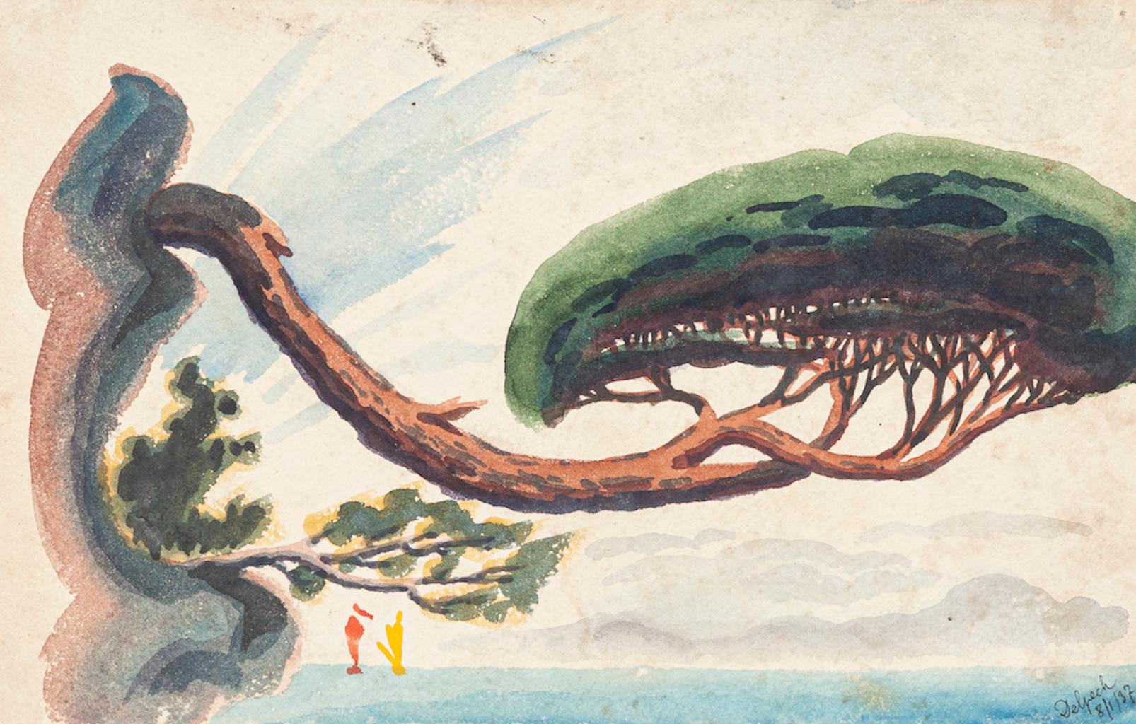 Jean Delpech Landscape Art - Lonely Tree, Cote d'Azur - Watercolor on Paper by J.-R. Delpech - 1937