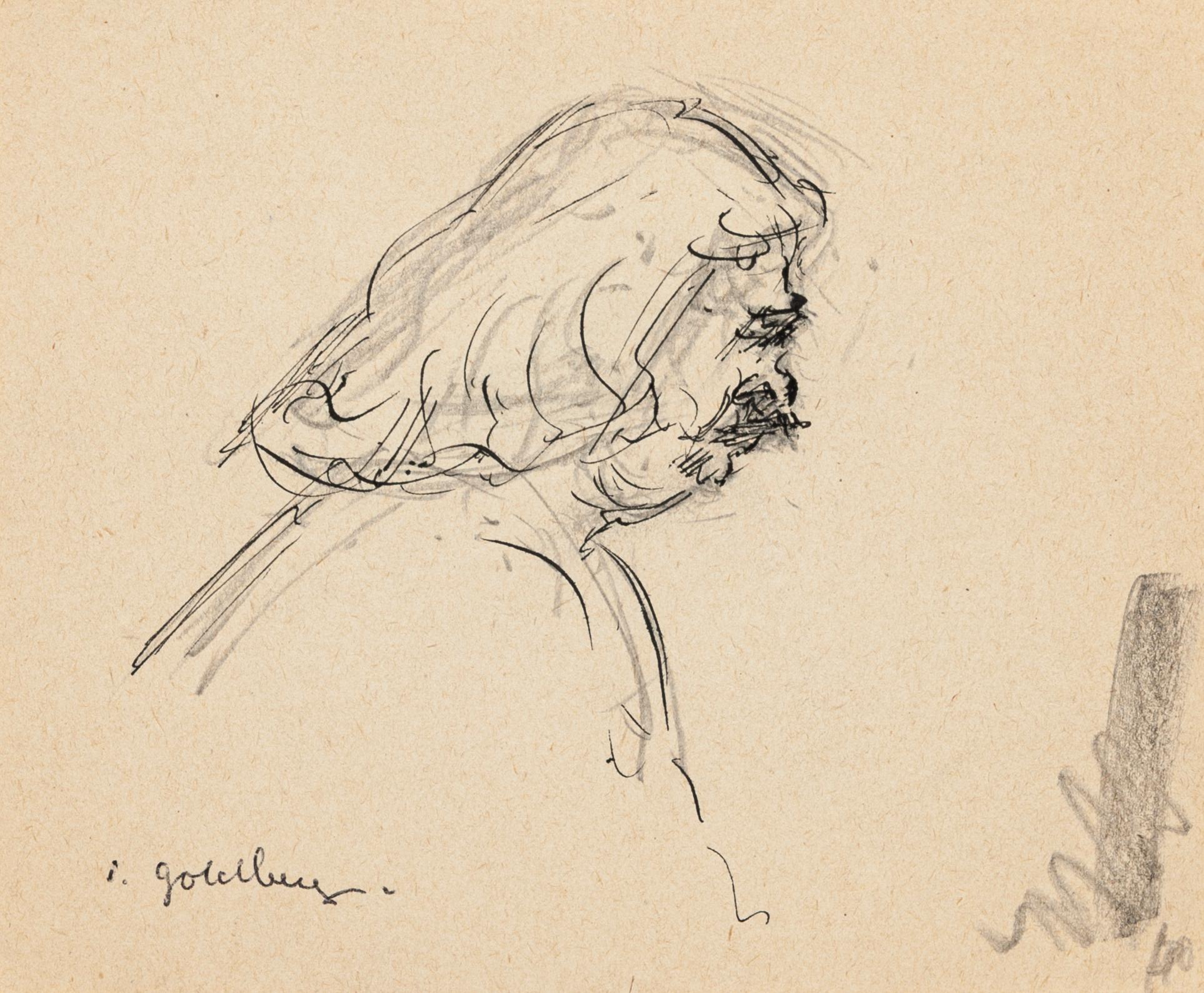 Portrait - Dessin original au crayon et à l'encre de S. Goldberg - Milieu du 20e siècle