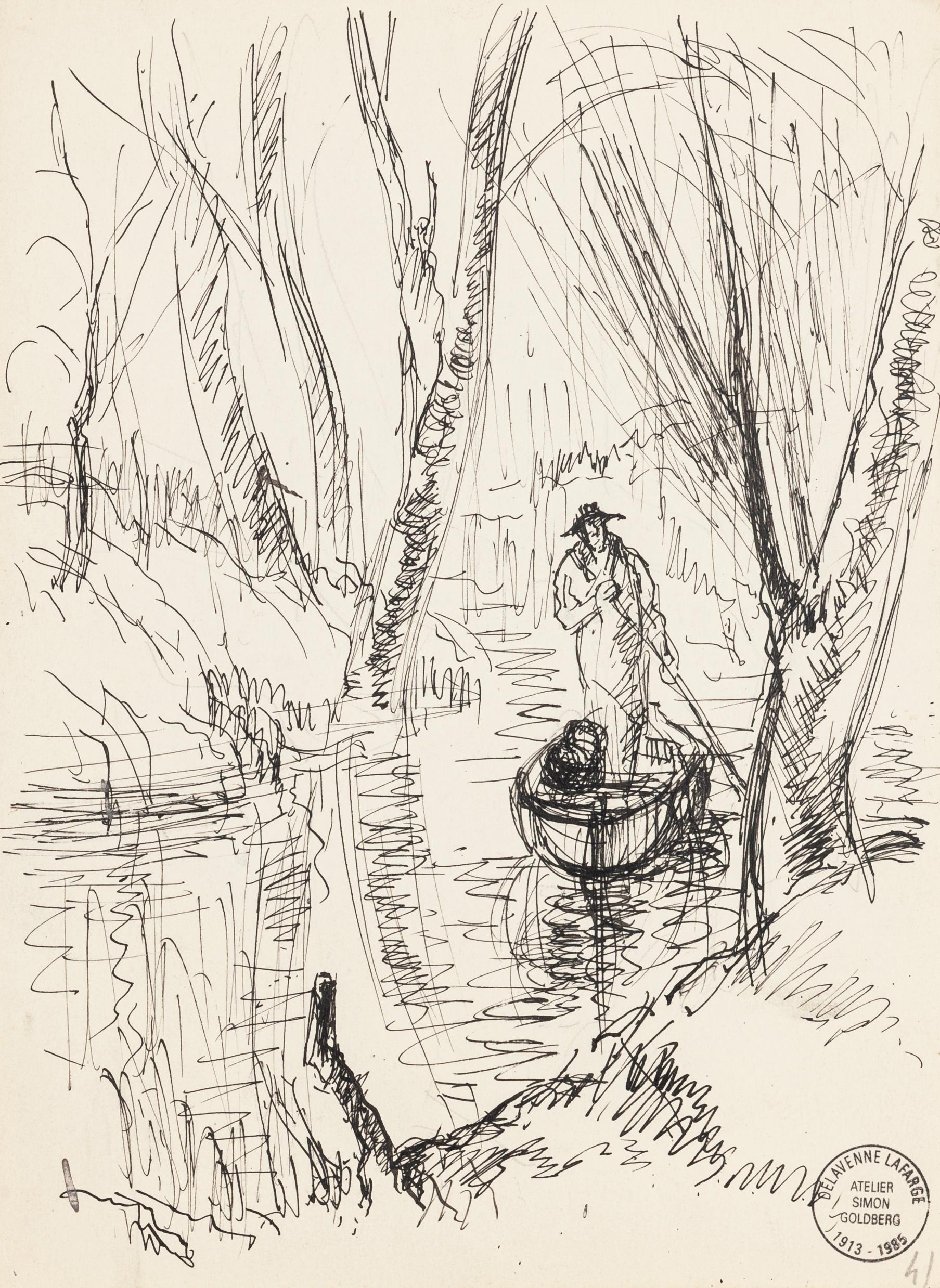 Boatman - Original-Bleistiftzeichnung von S. Goldberg - Mitte des 20. Jahrhunderts
