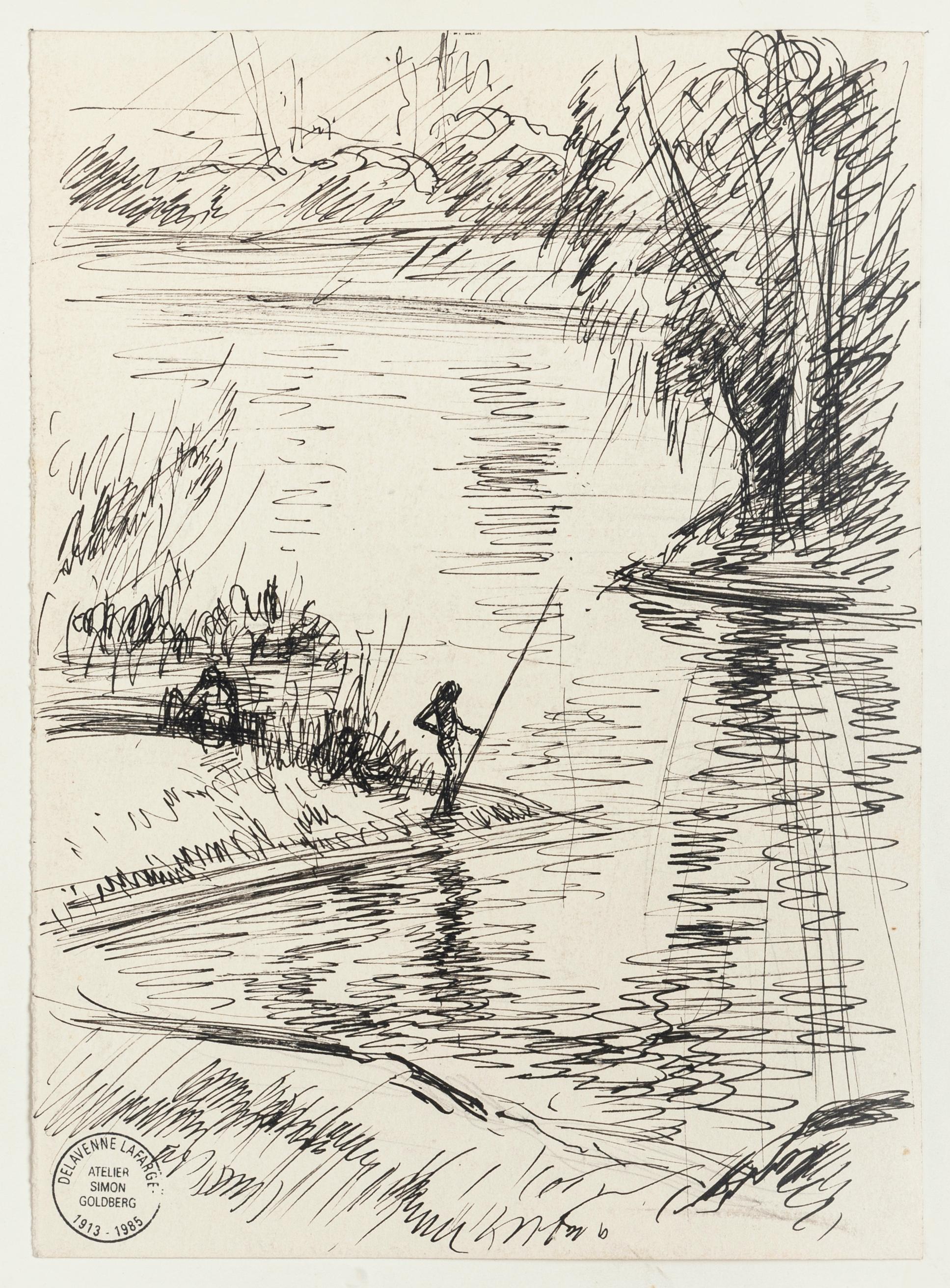 Simon Goldberg Figurative Art - Fisherman - Original Pen Drawing by S. Goldberg - Mid 20th Century