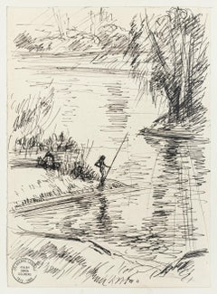 Vintage Fisherman - Original Pen Drawing by S. Goldberg - Mid 20th Century