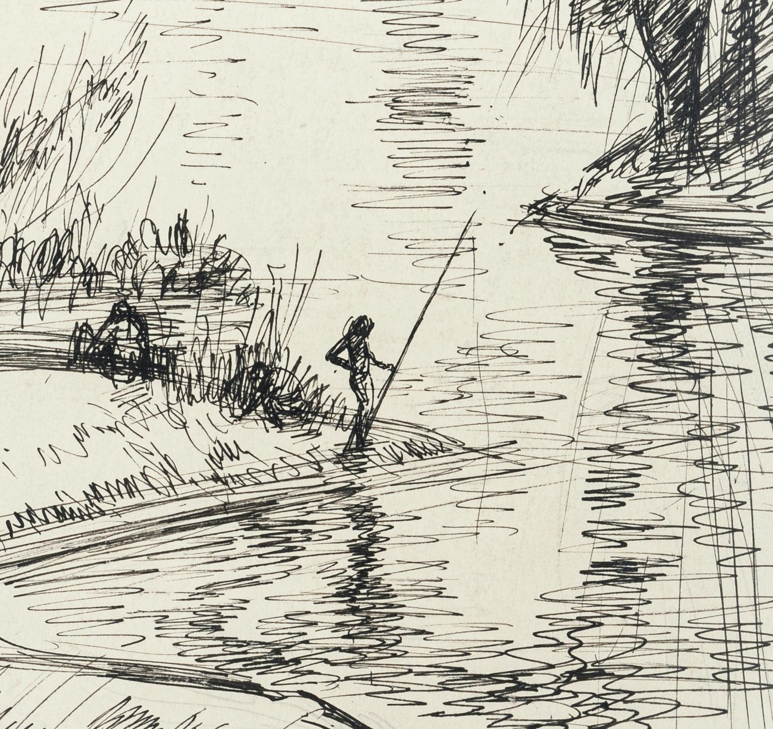 Fisherman - Original Pen Drawing by S. Goldberg - Mid 20th Century - Art by Simon Goldberg