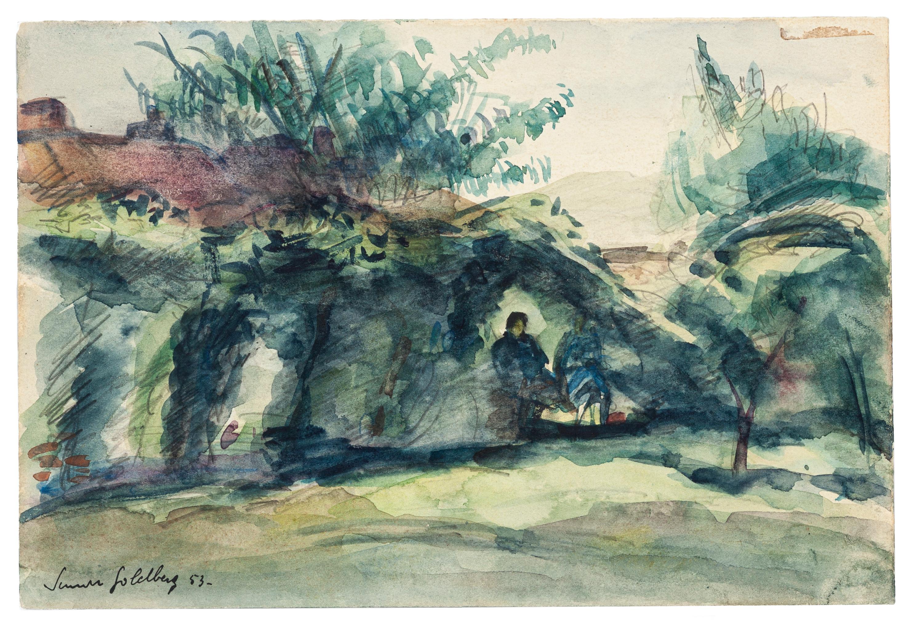 Landscape Art Simon Goldberg - Paysage - Aquarelle originale de S. Goldberg - 1953