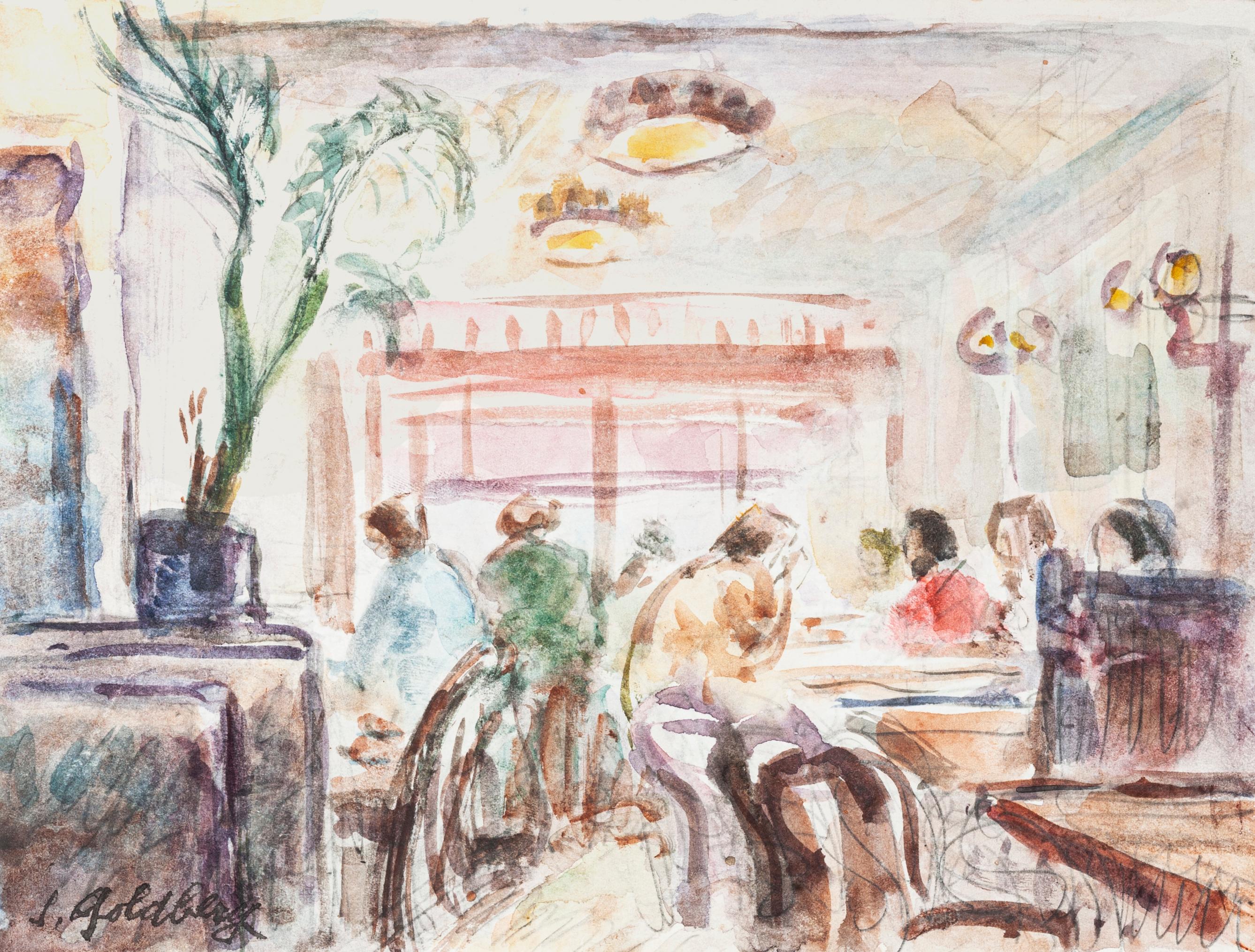 In the Café - Original Pencil and Watercolor by S. Goldberg - Mid 20th Century