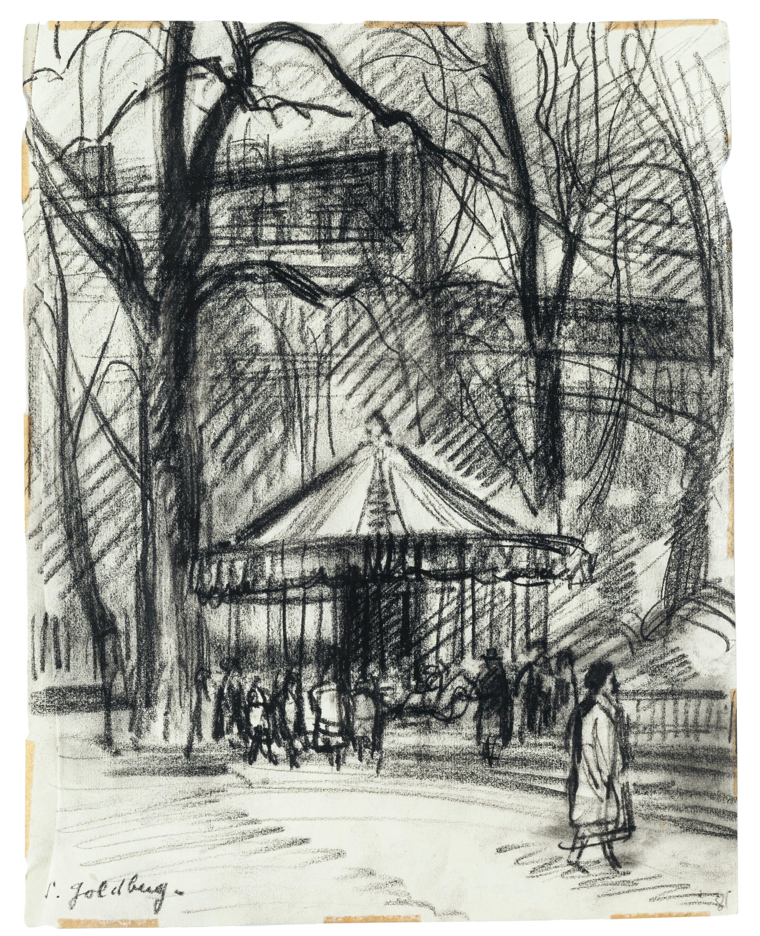 Park - Original Charcoal Drawing by S. Goldberg - Mid 20th Century