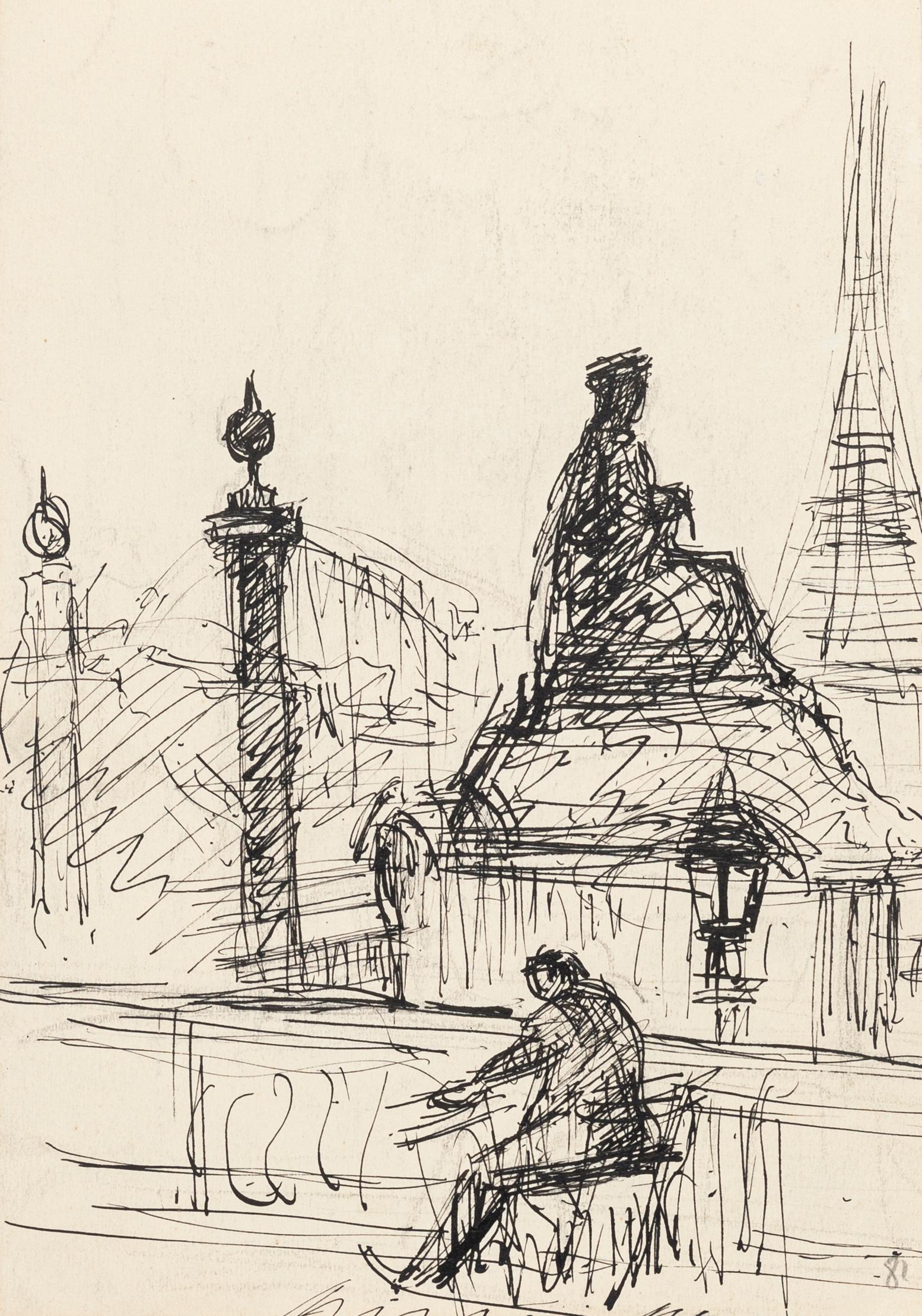 Simon Goldberg Figurative Art - Loneliness in Paris - Pen Drawing by S. Goldberg - Mid 20th Century