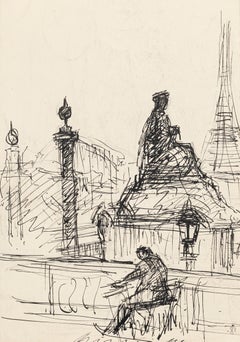 Loneliness in Paris - Pen Drawing by S. Goldberg - Mid 20th Century