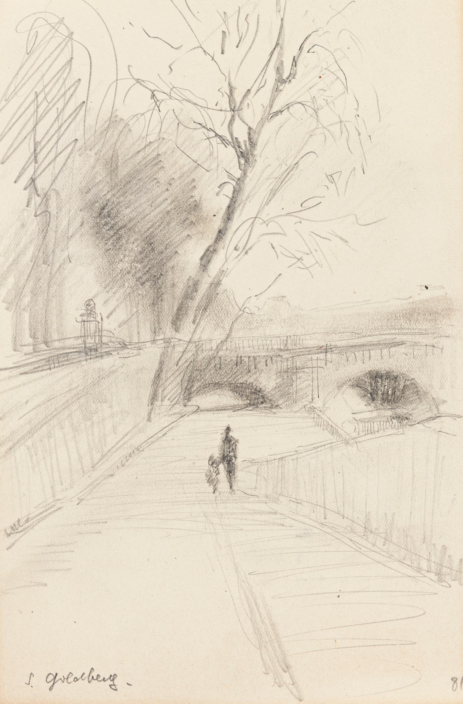 Simon Goldberg Portrait - Bridge - Original Pencil Drawing by S. Goldberg - Mid 20th Century