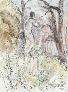 Alone in the Forest - Encre et aquarelle de S. Goldberg - Années 1950