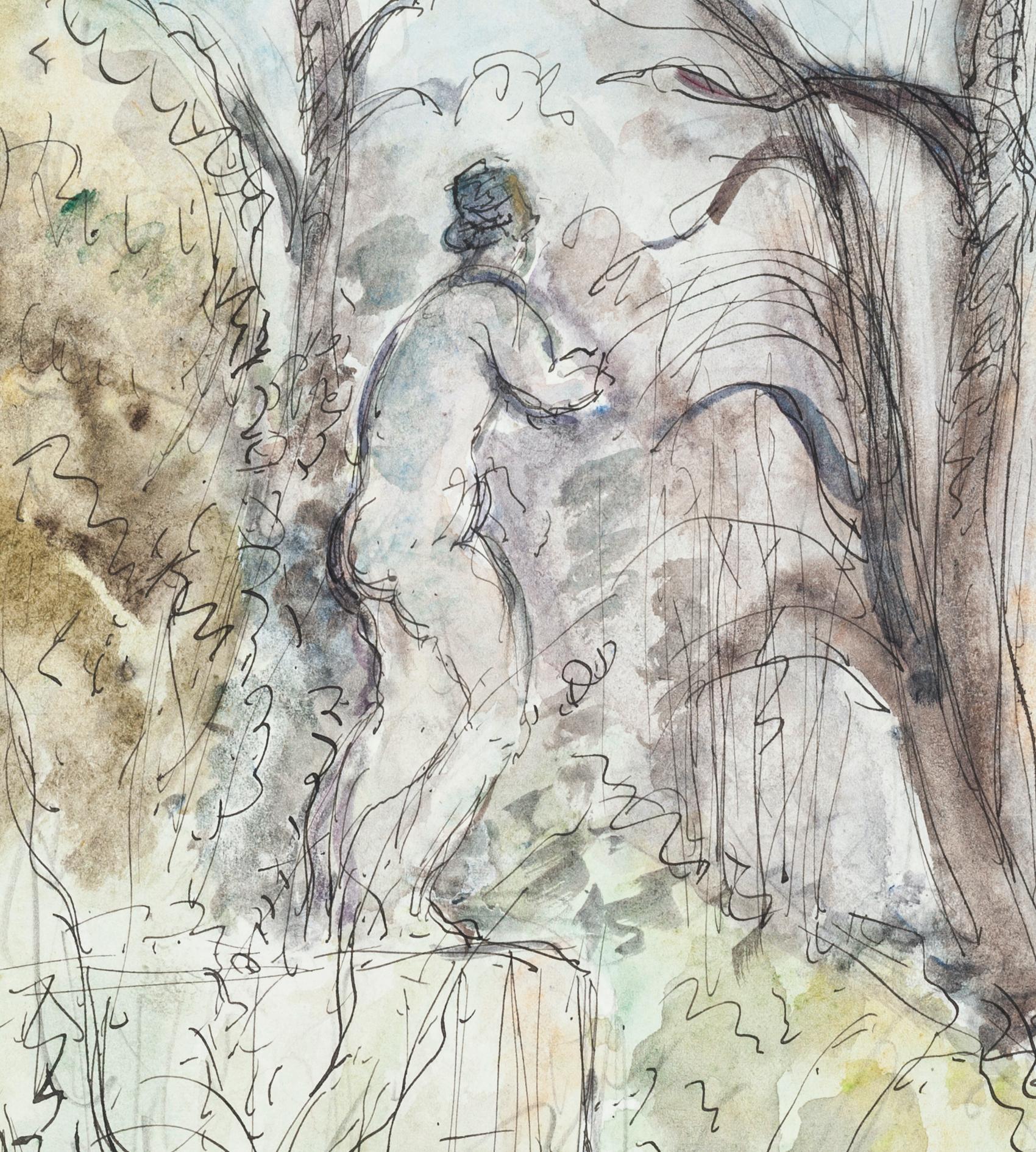 Alone in the Forest - Ink and Watercolor by S. Goldberg - 1950s - Art by Simon Goldberg