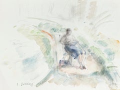 Femme solitaire - Crayon et aquarelle de S. Goldberg - Milieu du XXe siècle