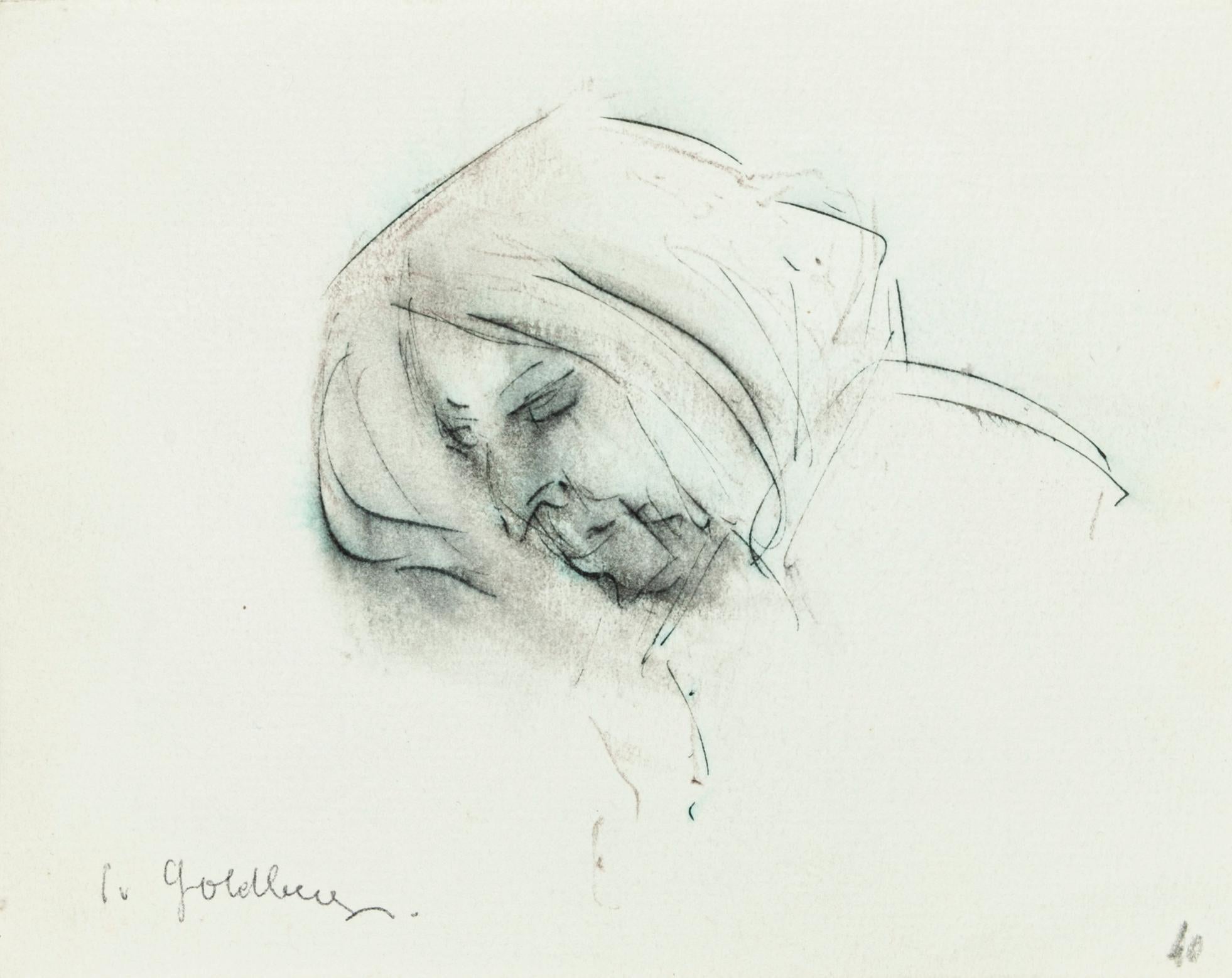 Portrait - Dessin au crayon et au stylo par S. Goldberg - Milieu du XXe siècle