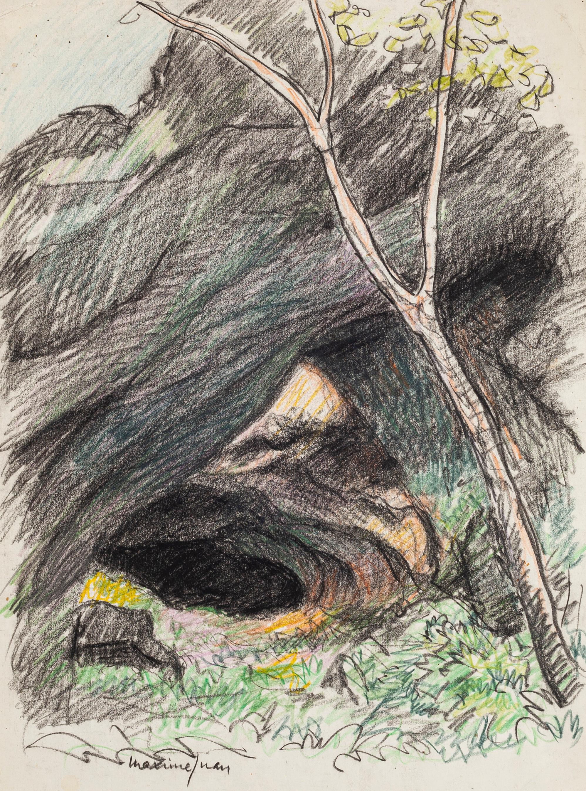 Maxime Juan Figurative Art - The Cave - Pencil and Pastel Drawing by M. Juan - Late 20th Century