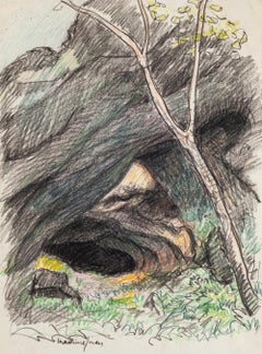 La grotte - dessin au crayon et au pastel de M. Juan - fin du XXe siècle