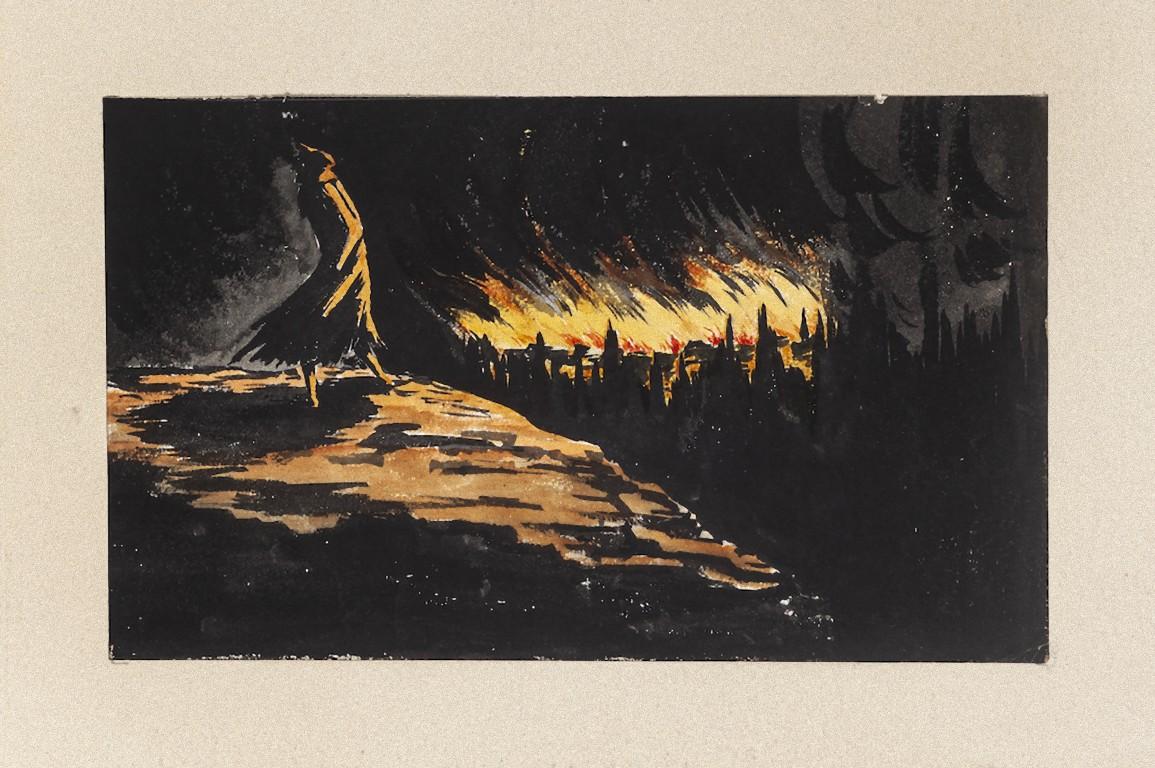 Night is an original etching realized by the artist Nicolas Pichon.

The State of preservation is good.

Sheet dimension: 14 x 23.5 cm.

The drawing represents the darkness of night lightened by the fire with a man standing on a high rock announcing