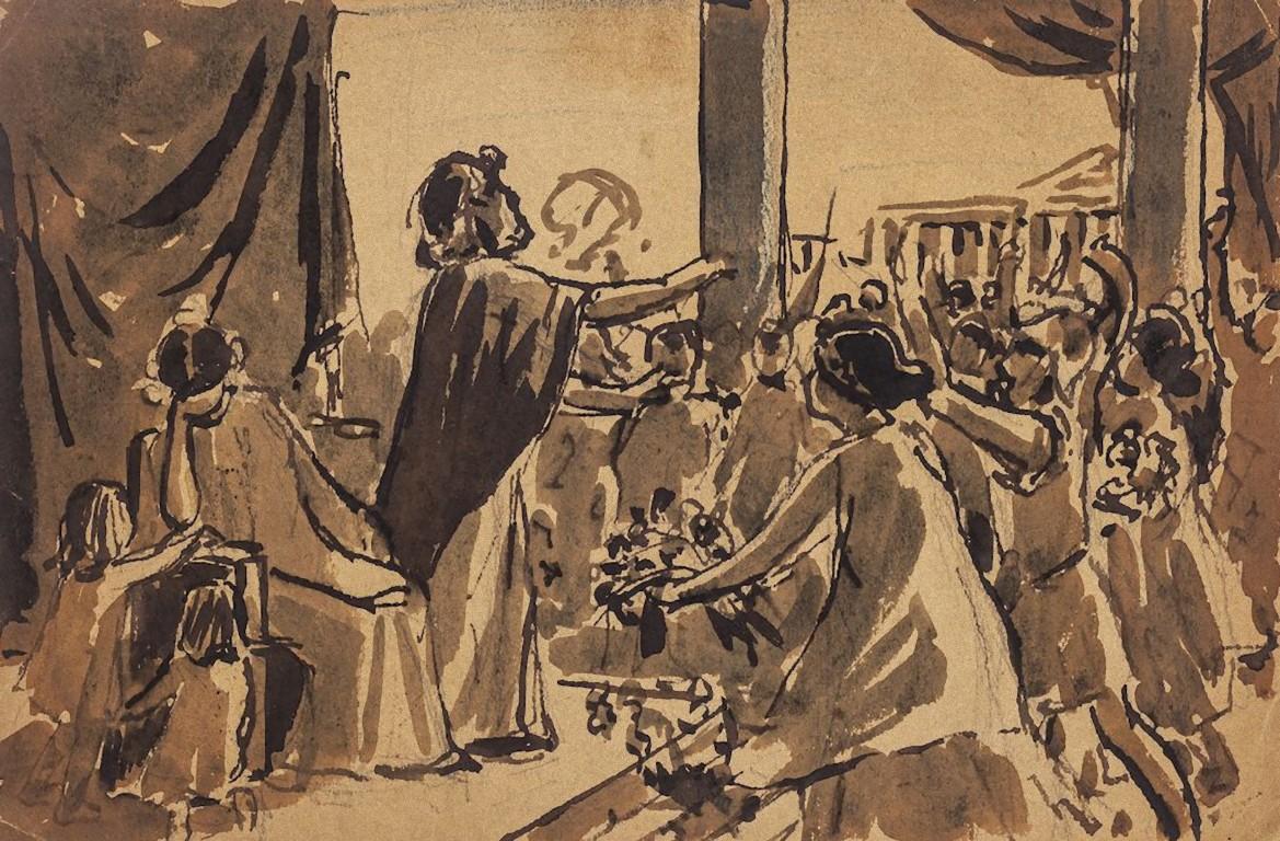 Roman Scene is a beautiful artwork in ink and watercolor realized by French artist Maurice Gueroult in late 19th Century. With drawing of portraits of women on the rear. The state of preservation is excellent.

The drawing of the Roman fest is