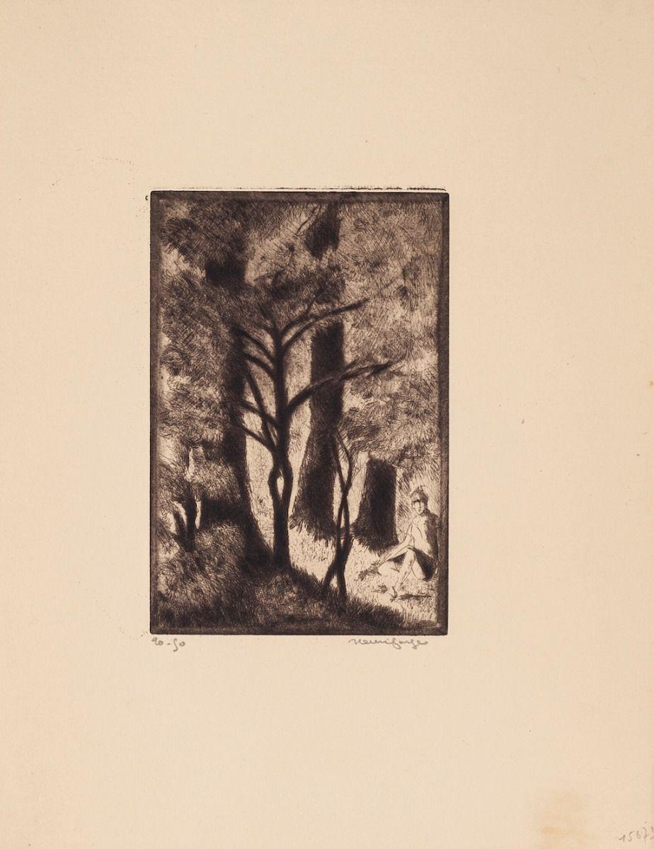 Forest est une belle gravure d'art réalisée par l'artiste français Henri Farge (1884-1970). Signé à la main en bas à droite.

L'état de conservation est excellent.

L'œuvre représente un paysage de forêt avec un homme assis à l'arrière-plan en bas à