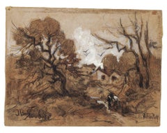 Automne - Dessin original en techniques mixtes de Jeanne De la Soudiere - XXe siècle