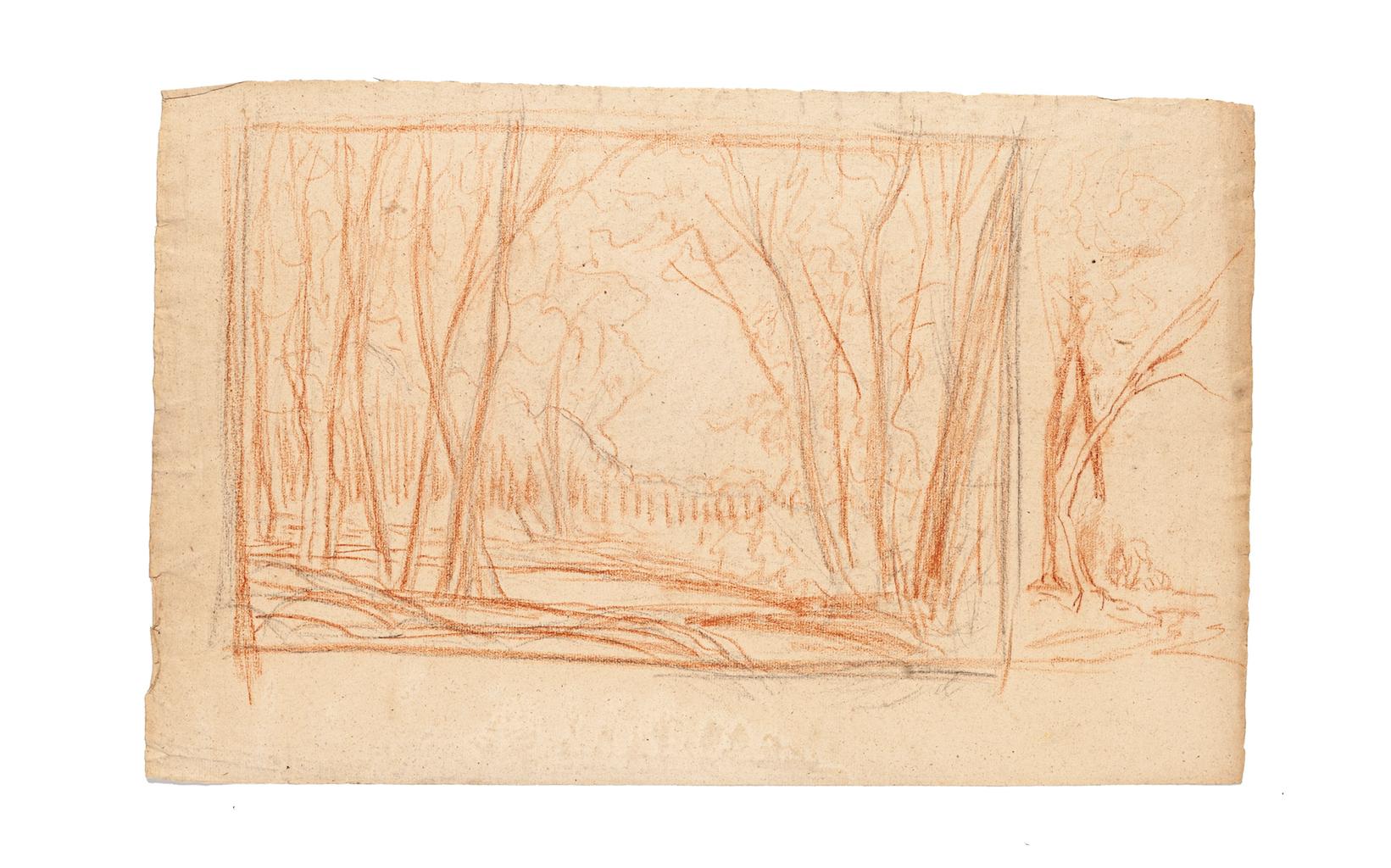 Landscape - Original Drawing in Pencil and Sanguine on Paper - 19th Century